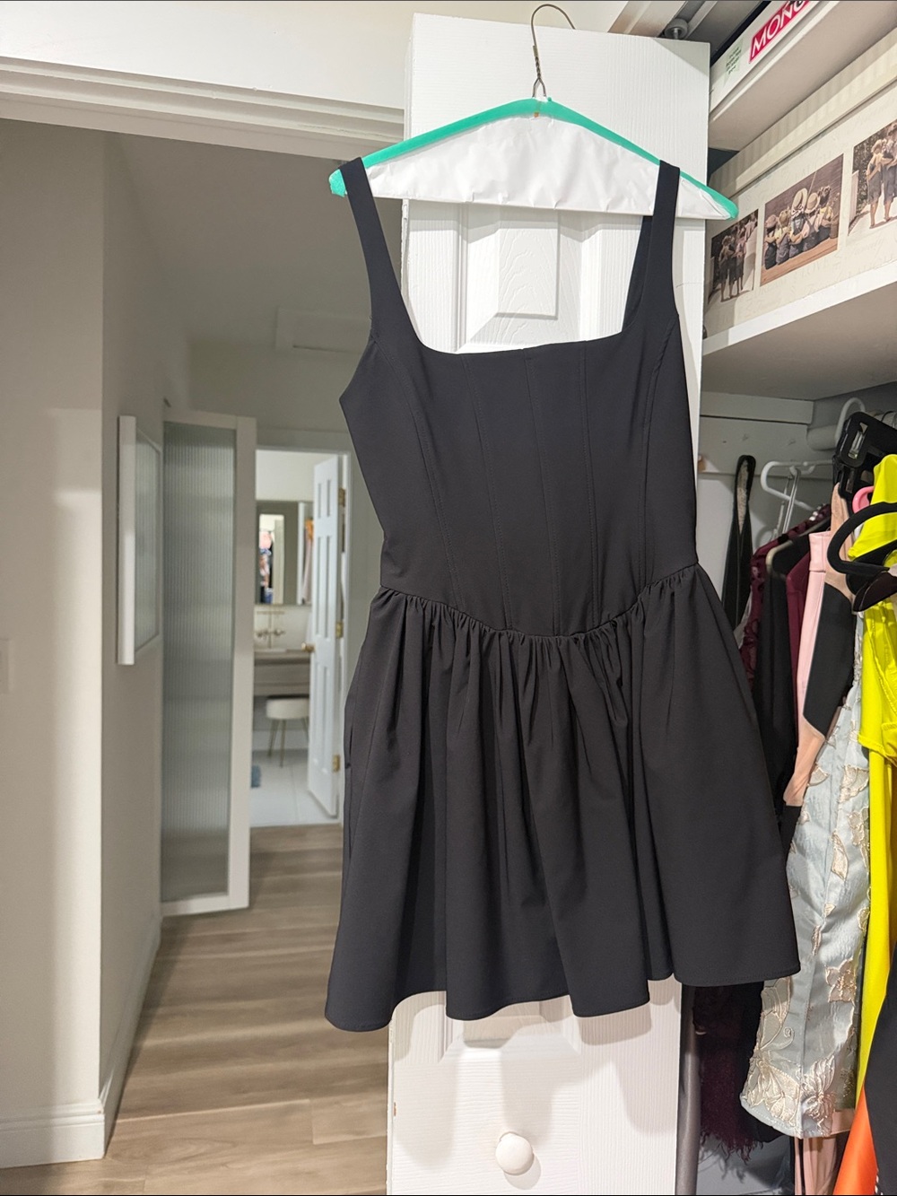 Zara Black Square-Neck Mini Dress with Gathered Skirt